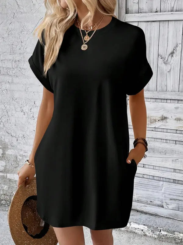 Women's Plain Pocket Batwing Sleeve Tee Dress