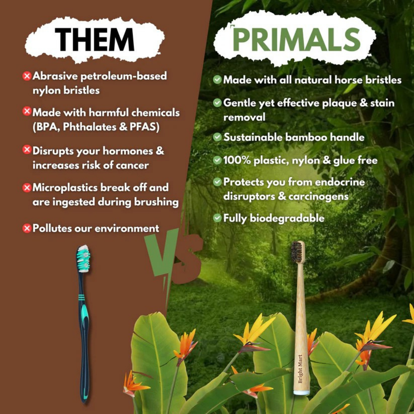 Horse Bristle & Bamboo Toothbrush (4 Pack)