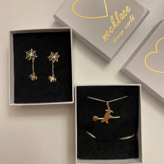Halloween Spider Web Earrings Witch Necklace Set